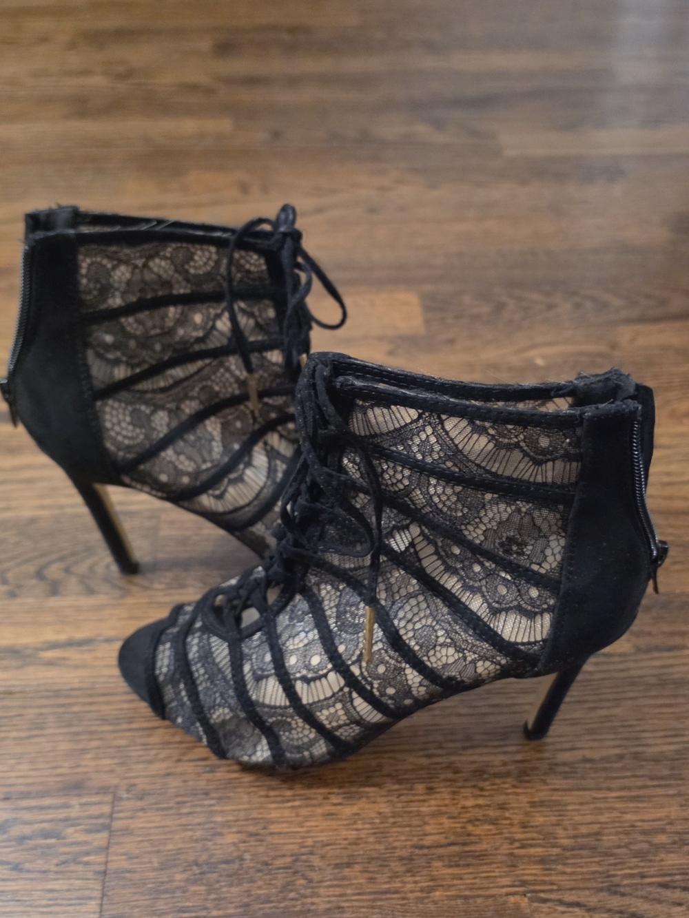 JustFab Black Lace Gladiator Stiletto Booties